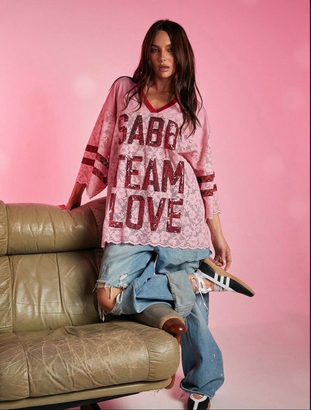 NWOT Sabbi The Lace Varsity Sequin Cotton Candy Oversized Jersey Women's XXS